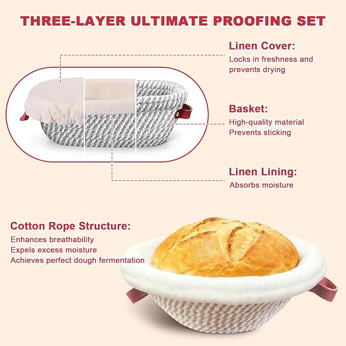 Sourdough Bread Baking Supplies, Sourdough Starter Kit with Cotton Rope Oval & Round Bread Proofing Basket and Sourdough Starter Jar, Artisan Bread Making Kit Ideal Gift for Bakers, Women Wife Mom Red