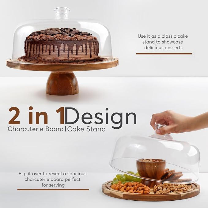 2-in-1 Acacia Wood Cake Stand with Lid, Cake Stand with Acrylic Dome Light Weight, Strudy & Well Polished, Cake Plate with Lid for Parties, Weddings, and Everyday Use, Cake Display Stand with Lid