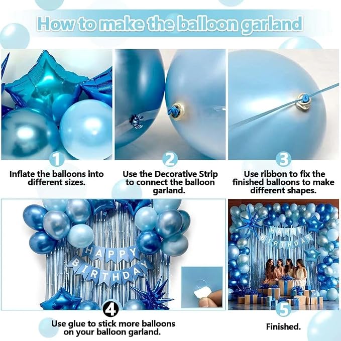 Blue Birthday Party Balloon Kit,Metallic Blue Pearl Balloons Happy Birthdays Banner Fringe Curtains Explosion Star Foil Balloon for Women Man Baby Shower Birthday Decoration