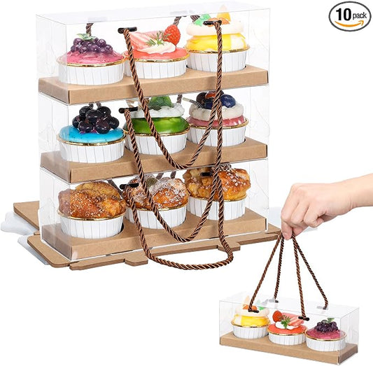 EUSOAR Cupcake Containers, 10 Pcs 9"x3"x3" Brown Clear Muffins Boxes 3 Compartments Bakery Take out Holder, Portable Dessert Pastry Cookies Wrappers for Graduation Gifts Birthday Wedding Favor