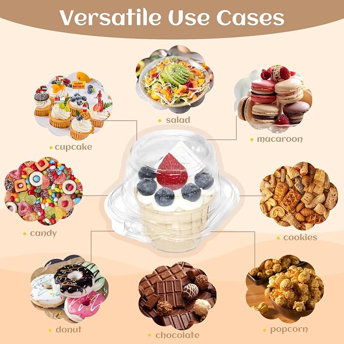 WIKDAY 100 Pack Individual Cupcake Containers, Plastic Cupcake Boxes with Lids, Stackable and Reusable, Clear Design for Cupcakes, Muffins, Donuts, Salad Storage