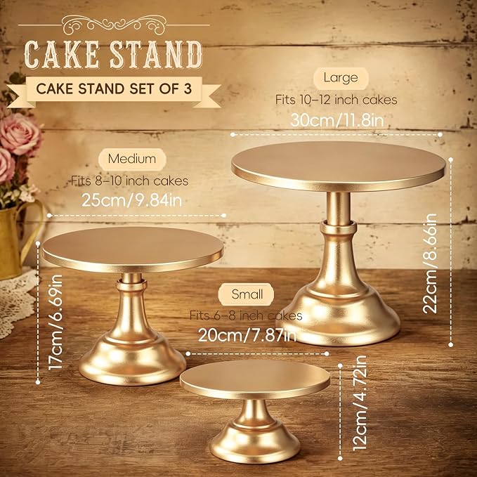 Three-piece Cake Stand Set, Metal Round Trays, 8-inch, 10-inch, and 12-inch, for Dessert Table displays; Perfect for Christmas, Thanksgiving, Birthdays, Weddings, and Other Celebrations(Gold)