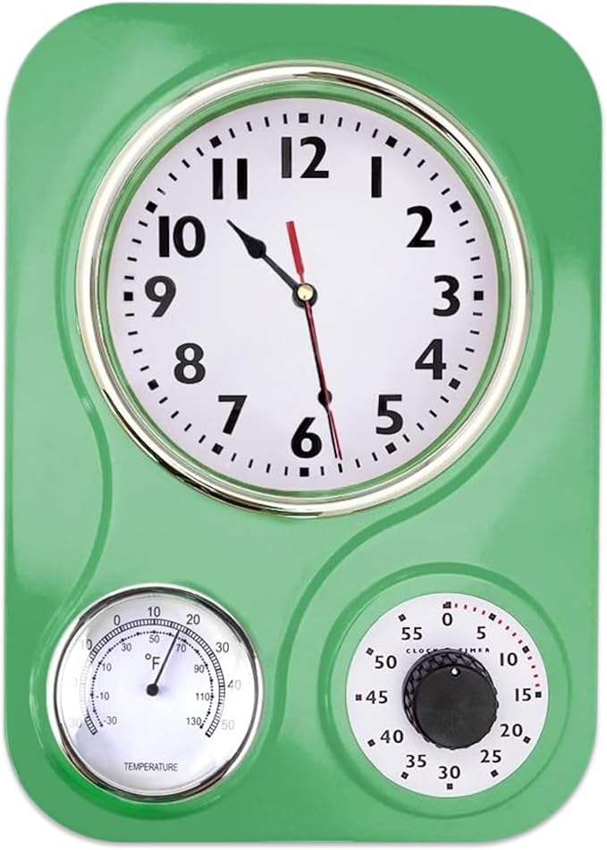 Lily's Home -9 Inch x 12.5 Inch - Retro Kitchen Wall Clock, Vintage Wall Clock with a Thermometer and 60-Minute Timer, Ideal for Any Kitchen, Office, or Diner (Retro Green)