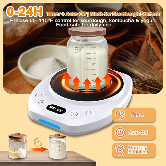 Sourdough Starter Warmer Mat,65-110°F 1°F Precision, 24H Timer & Memory, Electric Heating Mat for 24-40oz Jars, Home Baking（white）