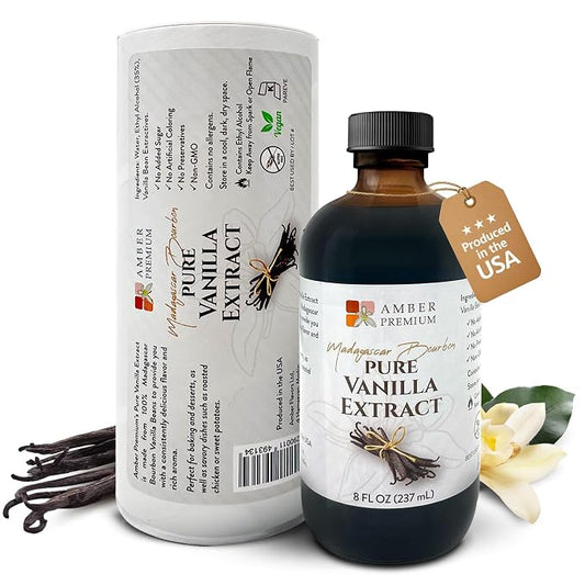 Amber Premium Pure Vanilla Extract 8 fl oz – Madagascar Bourbon Vanilla Extract, No Added Sugar, Non-GMO, Kosher, Vegan, Gluten-Free, Allergen-Free, No Preservatives - Elegant Amber Bottle