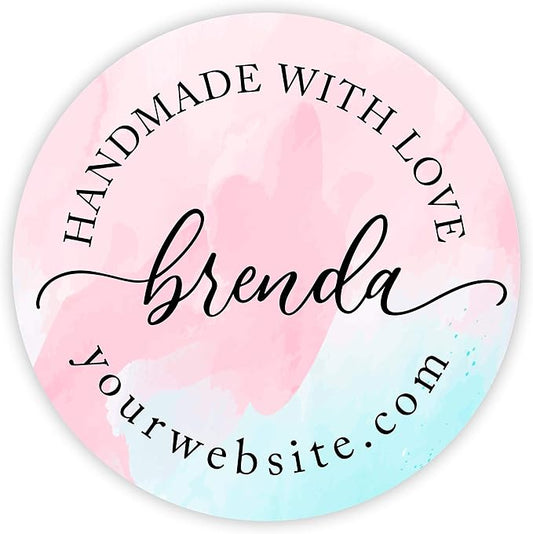 Andaz Press Personalized Round Small Business Sticker Labels, 120-Pack, Custom Watercolor Handmade with Love, Name, Website Handmade Stickers for Packaging, Custom Candle Labels, Business Stickers