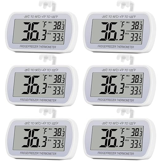 6 Pack Digital Refrigerator Thermometer Fridge Freezer Room Thermometer Waterproof Large LCD Display Max/Min Record Function, White