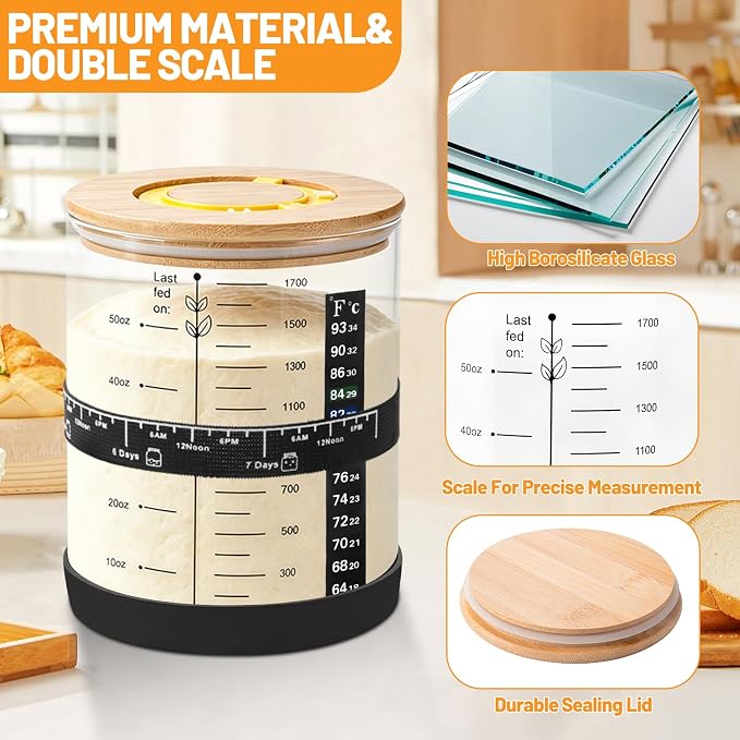 50oz Sourdough Starter Jar, Large Glass Sourdough Starter Jar Wide Mouth with Wooden Lid, Feeding Tracker and Spatula, Sourdough Starter Jar Kit for Bread Baking