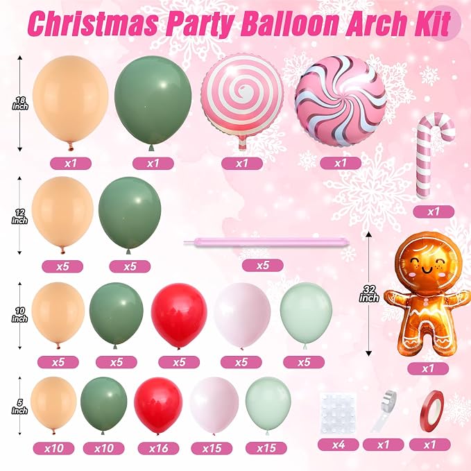 Christmas Balloon Arch Kit, Red Green Macaron Orange Pink Balloons with Lollipop Candy Cane Gingerbread Man Foil Balloons for Xmas Holiday Winter Birthday New Year Party Decorations