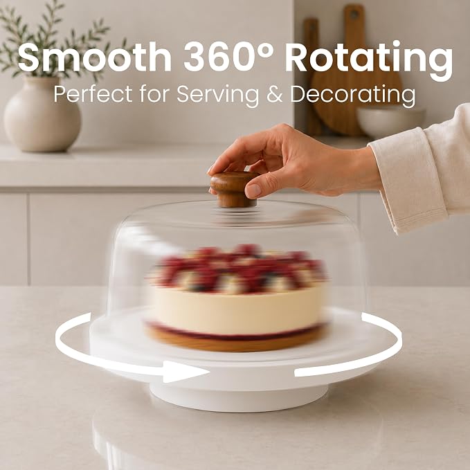 Rotating Acacia Wood Cake Stand with Lid Anti-Mold 12 Inch - 2-in-1 Wooden Charcuterie Board - Covered Dessert Plate with Acrylic Dome - Vintage Pastry Display - Tall Domed Serving Stand Platter - White