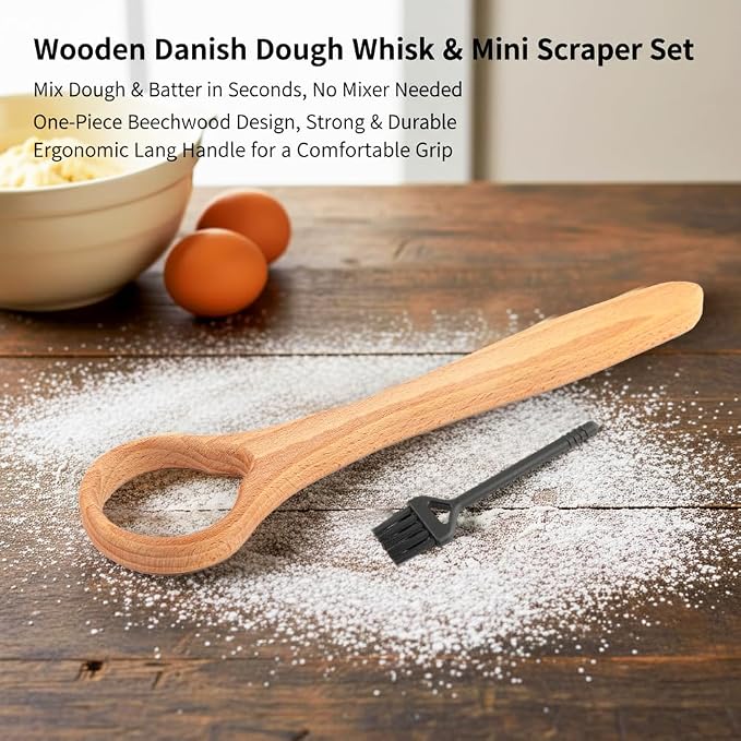 13" Wooden Danish Dough Whisk, Ergonomic Sourdough Whisk Dough Mixer Bread Whisking Tool for Bread, Pastry, Pizza & Baking, Sourdough Bread Baking Supplies(COLOR:Wood)