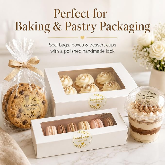 Handmade with Love Gold Foil Stickers, Pack of 100 Embossed Matte Gold Seals for Bakery Packaging, Treat Bags, Pastry Boxes, Small Business Thank You Labels for Gift Wrapping, 1.7 Inch (Clear Gold)