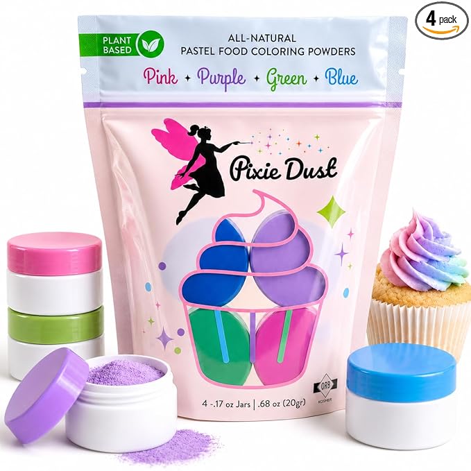 All-Natural Food Coloring Powders Pastel Set - Pink, Purple, Blue & Green. | Perfect for cake decorating, cookie frosting, icing & drinks | Dye-Free, Plant-Based, Flavorless, Kosher | No-Carmine, No annatto, No Propylene Glycol | By PIXIE DUST | Medium...