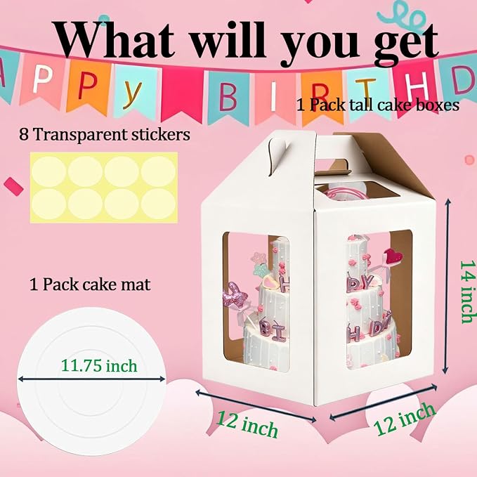 Cake Boxes - 1 Pack Tall Cake Box 12x12x14 Inch | Disposable Layer Carrier with 6 Window Large Tierd Cake Out Transport Containers with Handle for Wedding, Birthday, Party