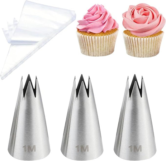 Large 1M Open Star Stainless Steel Piping Tips, 3 Pieces | 20 Disposable Piping Bags, For Cake Decorating, Cupcakes Icing and Frosting
