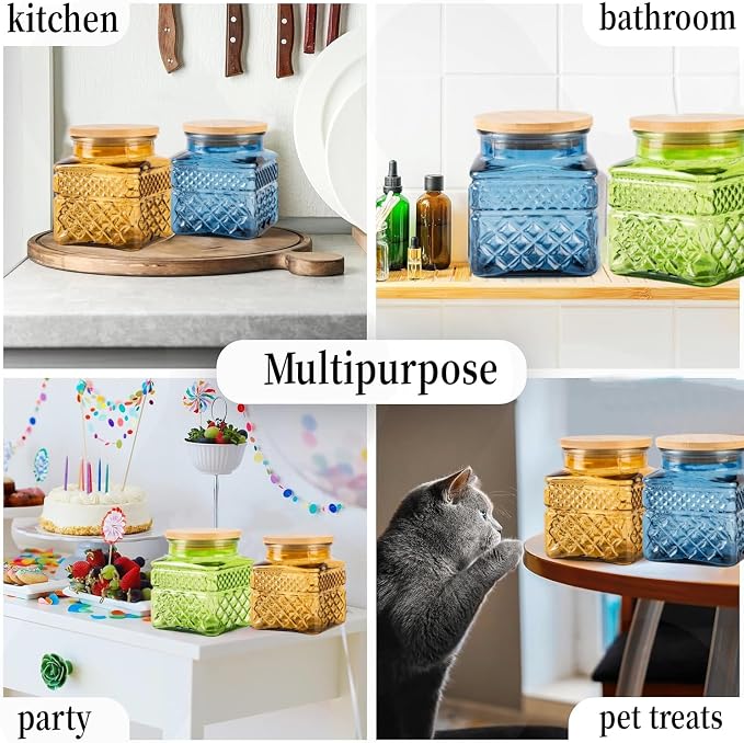 Glass Storage Canister with Airtight Lids, 20.3 FL OZ Thick Glass Candy Jar for Coffee Bean, Cocoa powder,Dog treats, Snacks Vintage Decorative Square Glass Jars for Coffee Bar Kitchen Party Counter