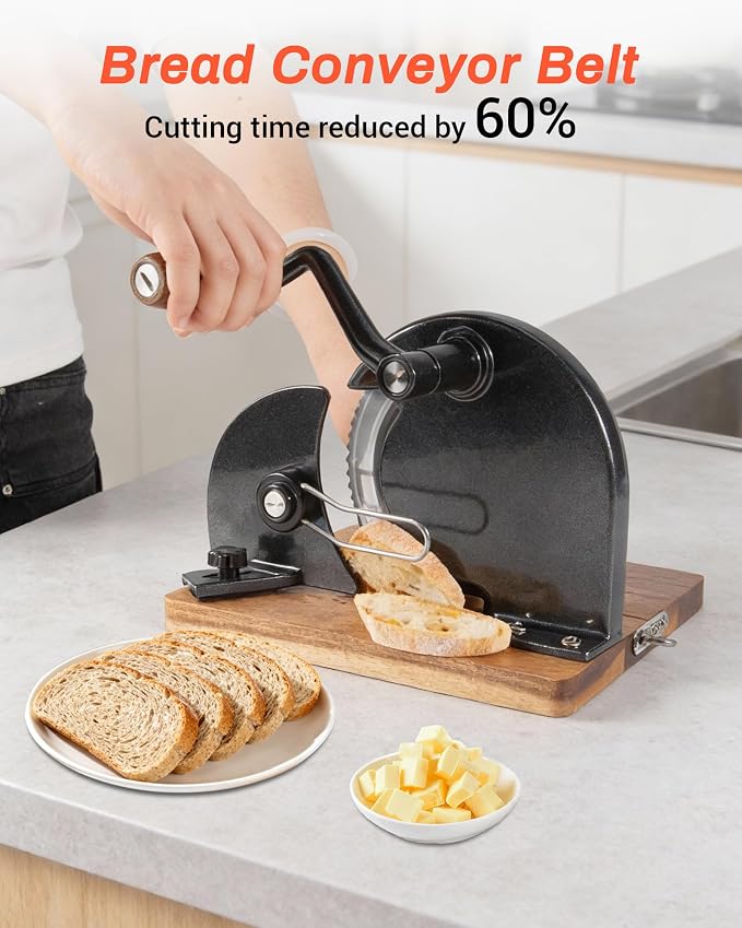 Foldable Sourdough Bread Slicer Adjustable Thickness, Manual Bread Slicer, Add Metal Rails, Hand Crank Bread Cutter Machine with Scale Line and Suction Cup, Stainless Steel Blade (Black)