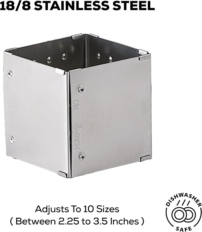 HIC Kitchen Adjustable Square-to-Rectangle Food Ring, Makes 10 Configurations, Stainless Steel