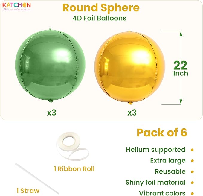 KatchOn, Sage Green and Gold Foil Balloons – 22 Inch, Pack of 6 | Mylar Balloons for Birthday, Engagement, Christmas, Bridal Shower | Green and Gold Party Decorations | Globos Verdes Y Dorados