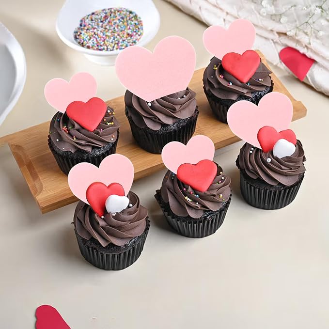 60 PCS Edible Heart Cupcake Toppers Sweet Love Valentine's Day Cake Decorations Edible Heart Cupcake Picks for Valentine's Day Wedding Engagement Birthday Party Food Decorations Supplies Light Pink