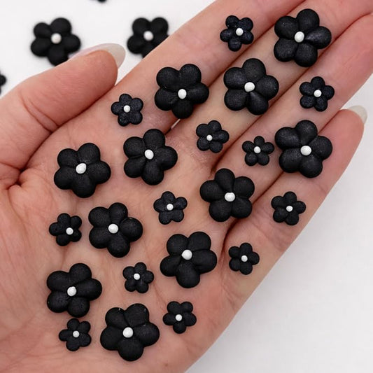 Royal Icing Blossoms | Icing Flowers | Mini Edible | Edible Roses | White Blossoms | Icing Shapes | Sprinkle Mix | Cake Sprinkles | Wedding Flowers | Bulk Sprinkles | by Simply Sucré (54 Flowers, Black Blossoms)