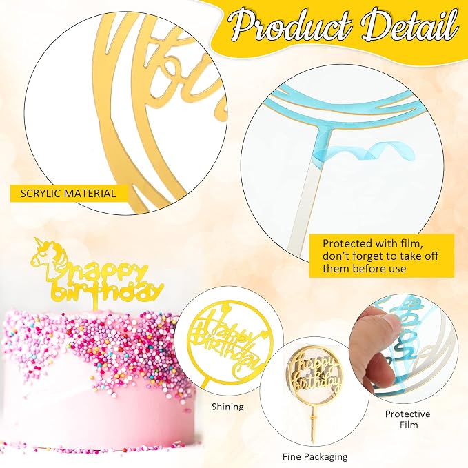 150 Pcs Happy Birthday Cake Toppers Acrylic Cake Topper Glitter Birthday Cake Decorations Double Sided for Adults Various Cake Decoration Party Supplies(Gold,Cute)
