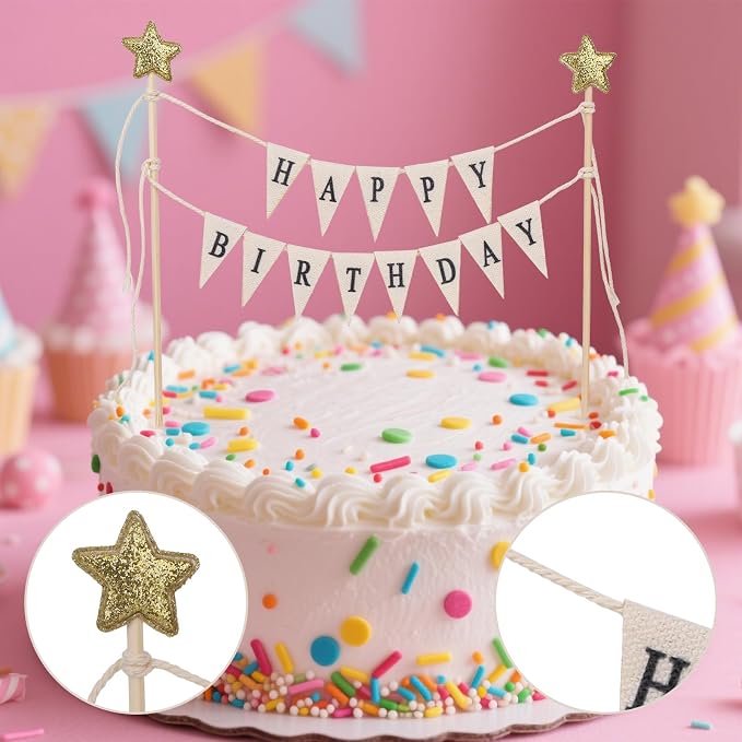 Happy Birthday Flag Banner Cake Topper, Handmade Pennant & Star Garland Birthday Cake Flag Decoration for Party Decorations Supplies
