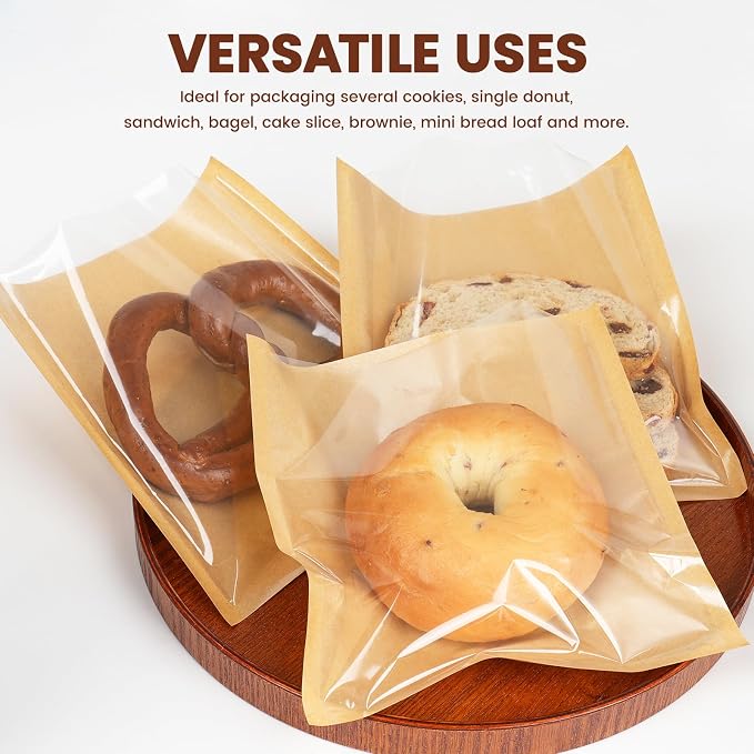 200 Pack Cookie Bags with Seal, 7.1x7.5 Inch Heat Sealable Bakery Bags with Window Grease Resistant Paper Packaging Sleeves for Bake Sale Bagel, Cake Slice, Sandwich, Donut, Pastry