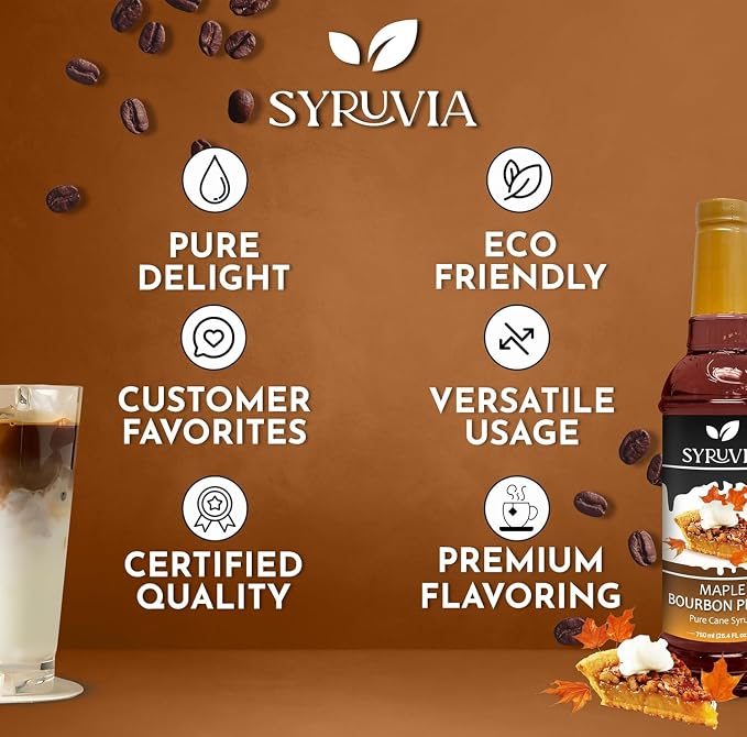 Syruvia Coffee Syrup, Maple Bourbon Pecan Flavored Syrup for Drinks, Lattes, and Desserts – 25.4 fl oz - with Pump