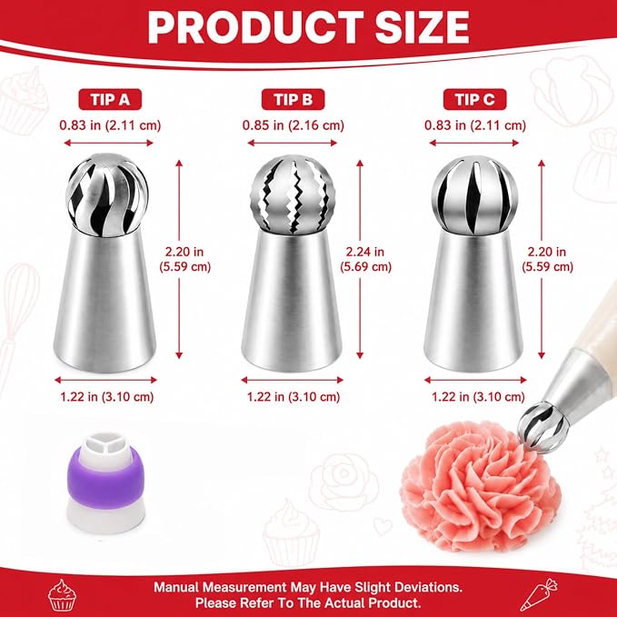 3 Pcs Ball Russian Piping Tips & 1 Couplers,Cake Decorating Supplies Piping Tips,For Cookie And Cake Decorating,Birthday Cake, Cupcake,Diy Cream Baking Tools