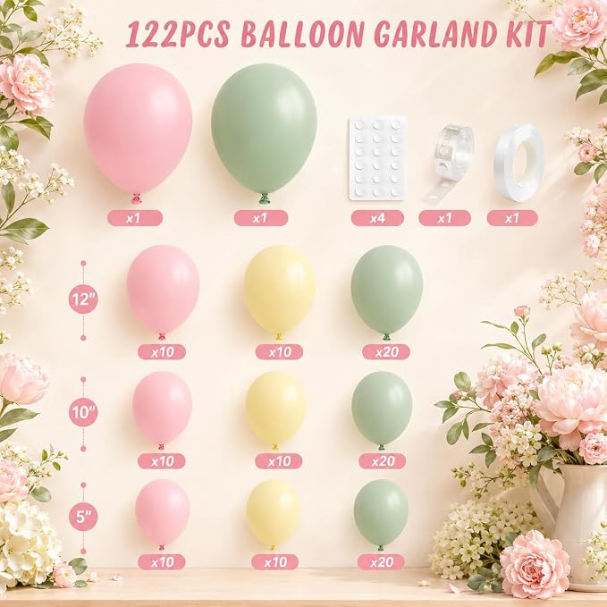 Pink and Green Balloon Arch Kit, 122Pcs Dusty Green Macaron Pink Yellow Matte Balloons for Girls Flower Birthday Bridal Wedding Engagement Floral Baby Shower Anniversary Tea Party Decorations