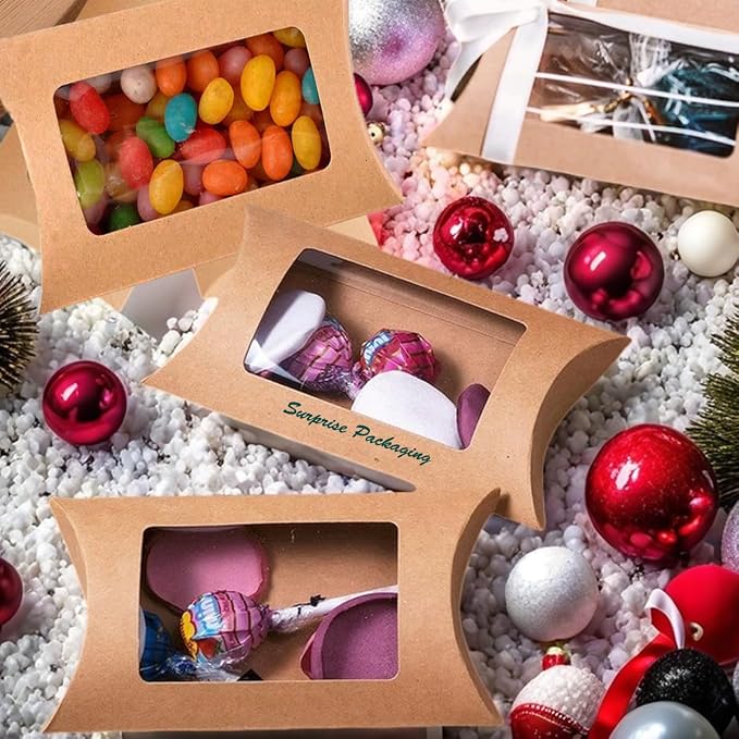 50 Pcs Pillow Gift Boxes with Windows,Kraft Paper Mini Pillow Packaging Box, Creative Favor Box Folding Treat Boxes with Clear Window for Bakery Candy Chocolate Jewelry Display Wedding Party Favor (kraft-Big)