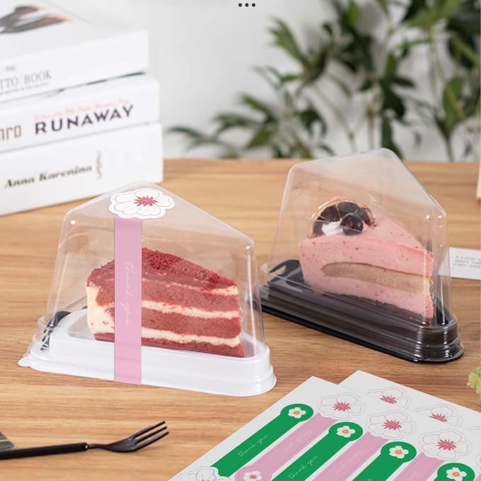 Cute Flower Shaped Thank You Stickers 300 Pcs Long Pink and Green Sealing Stickers Handmade Food Bakery Sticker Tamper-Proof Self-Adhesive Baking Labels