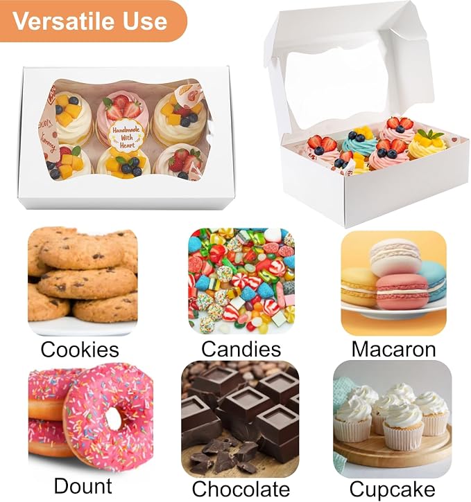 30 Pack Bakery Boxes with Window, 9.5"×6"×3" Cookies Box with Wax Paper, Paperboard Pie Cake Treat Boxes with 30 Stickers, Bakery Gift Box Container for Dessert Mini Cake Pastry Birthday