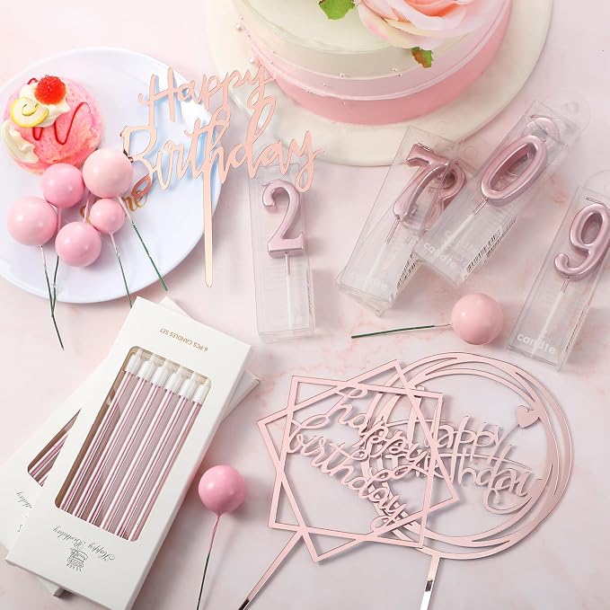 Yerliker 34 Pcs Happy Birthday Cake Toppers Decorations Birthday Candles DIY Cake Decor for Men Women Wedding Anniversary(Rose Gold)