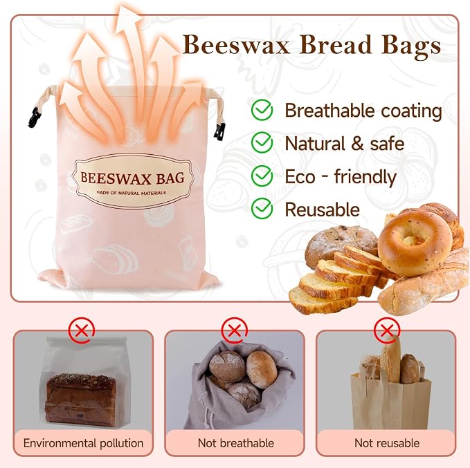 Beeswax Bread Bags for Homemade Bread, 2 Packs XL Reusable Cotton Linen Sourdough Bread Bags to Keep Bread Fresh (pink)