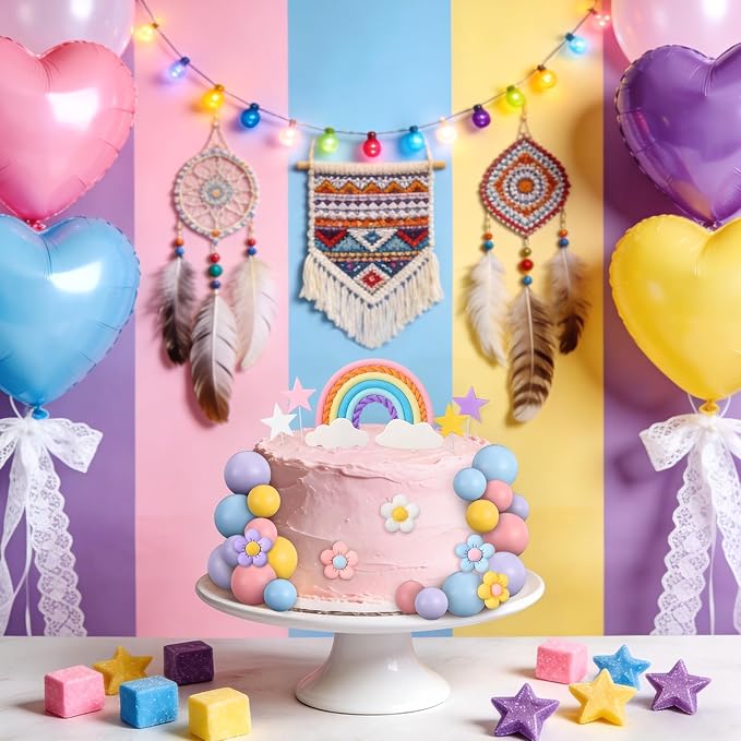 32 Pcs Rainbow Cake Topper with Flower Star Cupcake Toppers Pastel Balls Cake Topper, Boho Groovy Cake Decorations for Birthday Wedding Party