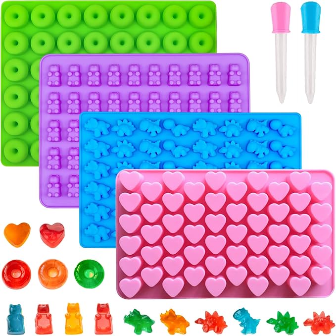 WARM TIME Gummy Bear Candy Molds Silicone, Mini Gummy Molds with 2 Droppers, Food Grade Non-Stick Silicone Molds Including Heart, Dinosaur, Bear, and Donut, Set of 4