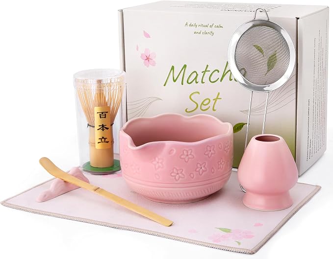 ALBISS Matcha Whisk Gift Set - 7Pcs Ceramic Matcha Kit with 18oz Bowl & Cherry Blossom Design, Bamboo Whisk & Holder, Scoop, Rest, Sifter, Towel, Elegant Japanese Tea Set for Women Macha Lovers, Pink