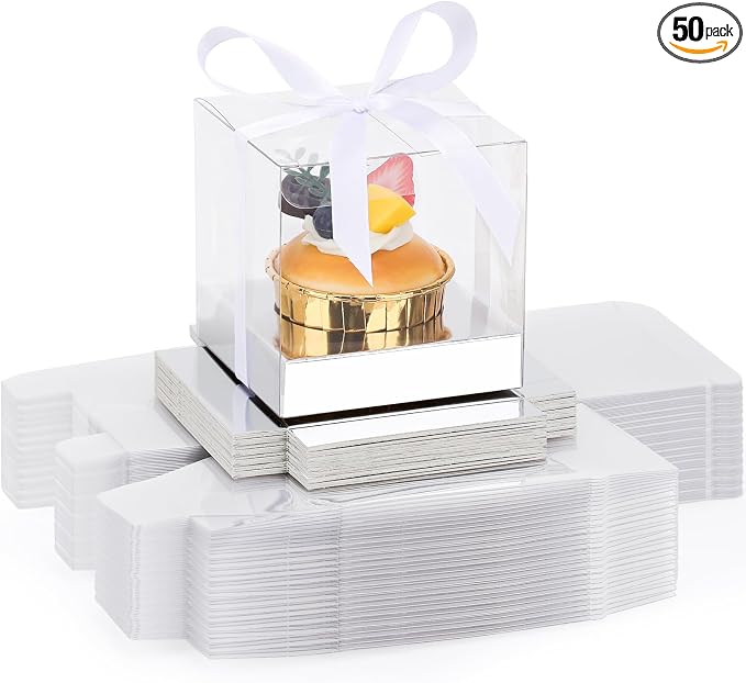 EUSOAR Cupcake Boxes, 50 Packs 3.5 Inch Dessert Pastry Individual Cupcake Containers with Inserts and Ribbon, Clear Muffins Gift Holder Disposable Cake Carrier for Wedding Party Favor Bakery-Silver