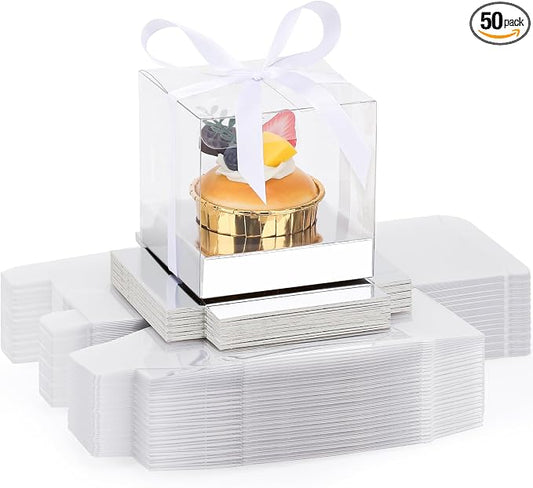 EUSOAR Cupcake Boxes, 50 Packs 3.5 Inch Dessert Pastry Individual Cupcake Containers with Inserts and Ribbon, Clear Muffins Gift Holder Disposable Cake Carrier for Wedding Party Favor Bakery-Silver