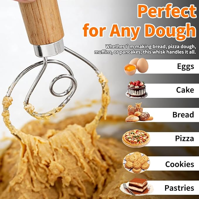 Polly Online Dough Whisk,Wooden Handle Danish Sourdough Whisk with Stainless Steel Dough Hook for Bread, Pastry or Pizza Dough 13 Inch 1-PACK