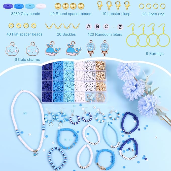 Wuollgess 3500 PCS Valentines Blue Clay Beads for Bracelet Making Kit, Polymer Heishi Beads for Jewelry Making Friendship Bracelet Kit for Adults, Spacer Letter Beads for Necklace Earring DIY