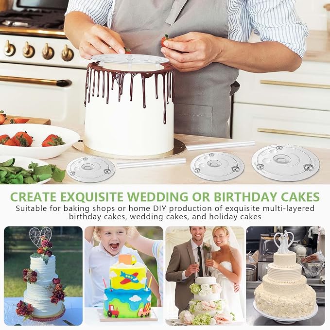 KISEER 5 Pieces Cake Separator Plates Stands with 24 Pieces Plastic Cake Dowels Rods and 15 Pieces Clear Cake Sticks Support Stacking for 4 6 8 10 12 Inch Tiered Cakes