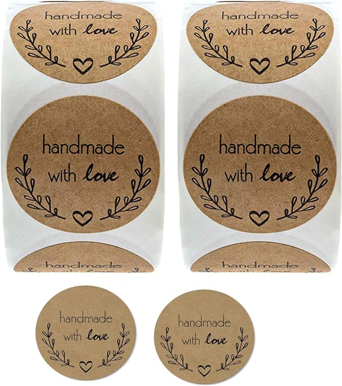 1000PCS Handmade with Love Stickers,1 Inch Small Round Brown Floral Heart Baking Stickers Label Bakery Sticker for Baked Goods Packaging, Envelope Seals, Small Business,Wedding,Birthday Gift Wrap Bag1