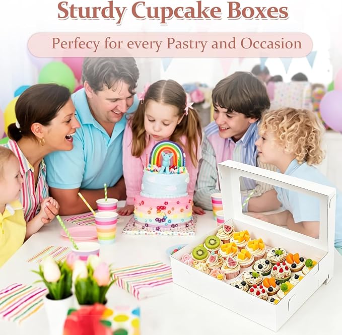 8 Pack Sturdy Corrugated Cupcake Boxes with Window for 24 Standard or Mini Cupcakes, 17.7x11.8x4 Inch Bakery Boxes for Cakes, Cookies, Donuts, Muffins and Pastries