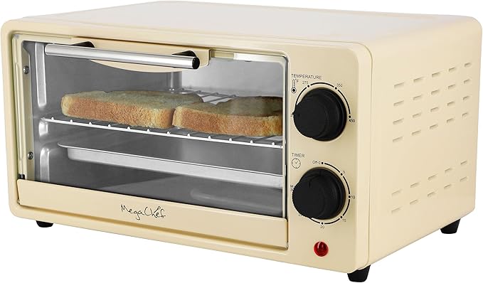 MegaChef 9.5 Quart Electric Counter Top 2 Slice Toaster Oven with Built in Timer, Bake, Broil, Toast (Cream)