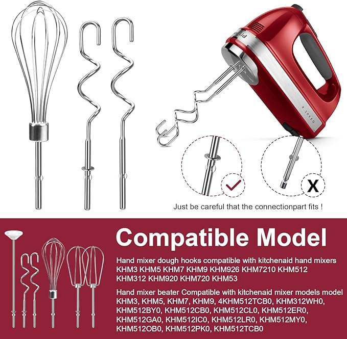 Hand Mixer Accessories and Attachments Beater, Whisk for Kitchenaid Mixers | Set of 6 Stainless Steel Hand Mixer Beater, Whisk, Blending Rod and Dough Hooks Compatible with Kitchenaid KHM3 KHM5 KHM7