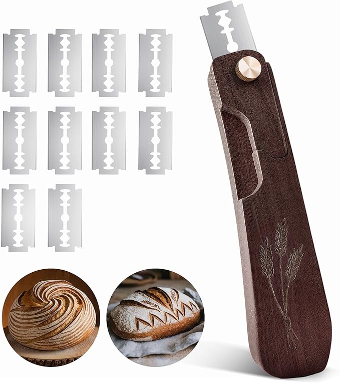 Wooden Bread Lame Dough Scoring Tool, Handcrafted Bread Scoring Tool for Sourdough Bread Baking, Upgraded Sourdough Scoring Tool With Screw Lock & 10 Razor Blades(Black Walnut)