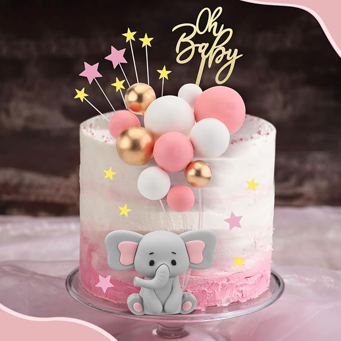 Yinder Bear Cake Toppers Mini Bear Cake Decorations Cake Toppers Gold White Pearl Ball for Birthday Party Decorations(Gray, Pink,Elephant Style)